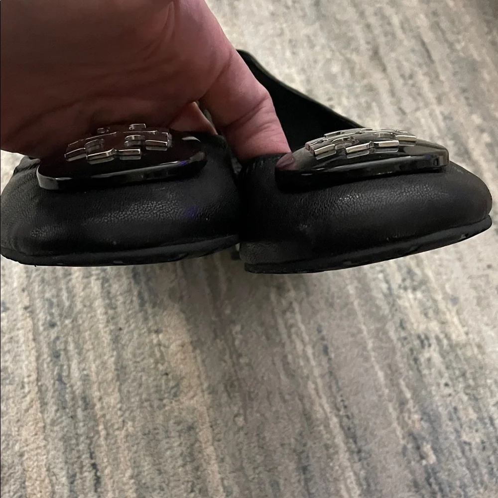 Tory Burch Black Leather Heels with Silver Accent - Picture 4 of 9